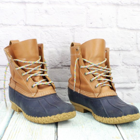LL Bean Brown Leather Lace Up Round Toe Ankle Duck Boots Size 9 Medium - Picture 3 of 9
